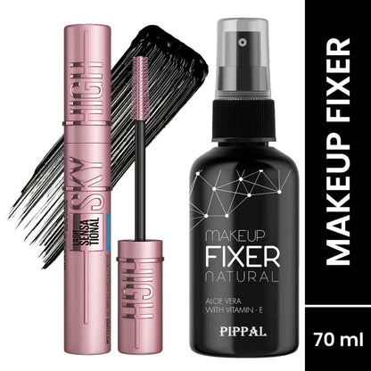 Pippal Beauty Makeup Fixer spray with Vitamin E and Aloe Vera, 80ml, alongside Sky High Supar Black Mascara, hydrating setting spray.