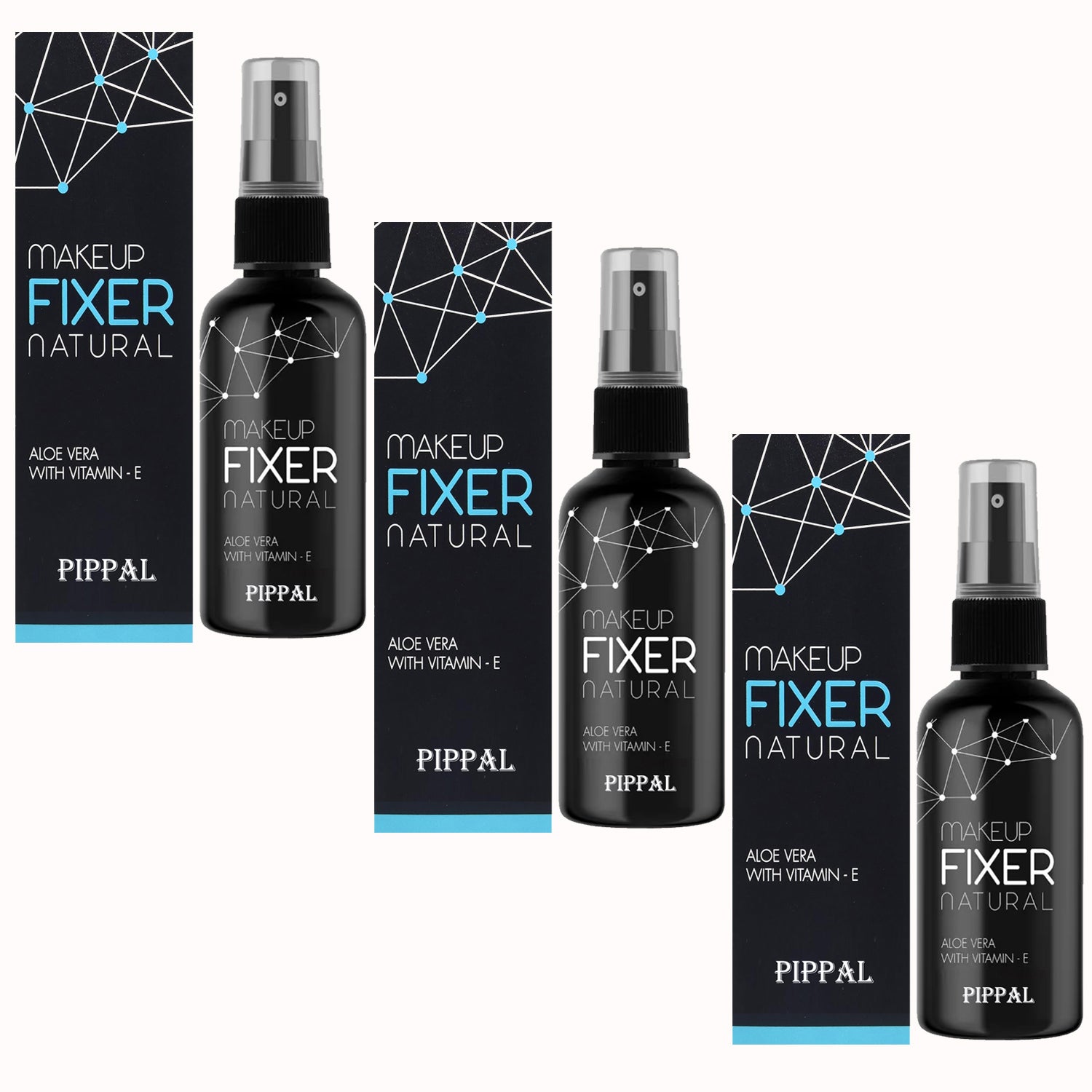 Pippal Beauty Makeup Fixer spray with Vitamin E and Aloe Vera, hydrating and refreshing setting spray in a pack of three, 80ml each.