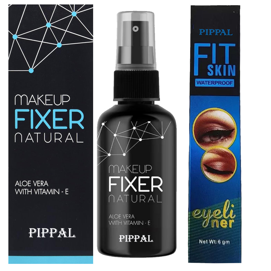Pippal Beauty Makeup Fixer spray with Vitamin E and Aloe Vera, long-lasting dewy finish, 80ml, paired with Fit Skin Supar Black Eyeliner.