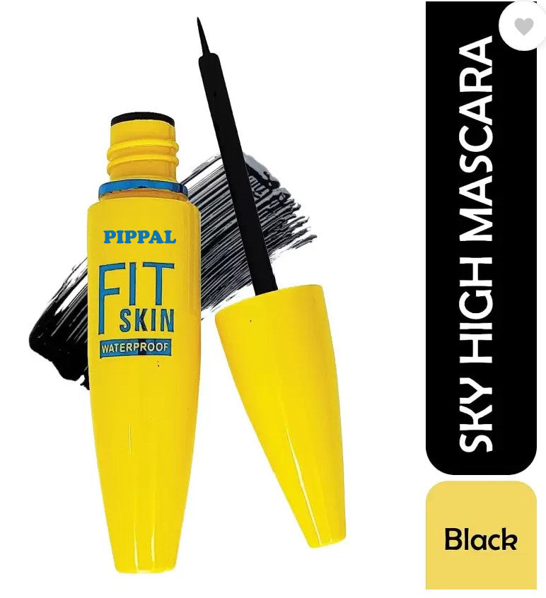Pippal Fit Skin Ultra Volume Mascara for bold, dramatic lashes, waterproof, long-lasting formula in 12g, showcasing a mascara wand and brush.