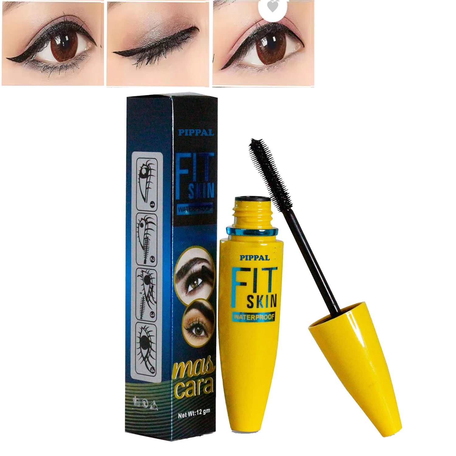 Pippal Fit Skin Ultra Volume Mascara for bold, dramatic lashes, waterproof formula, 12g, showcasing the mascara brush and black finish.