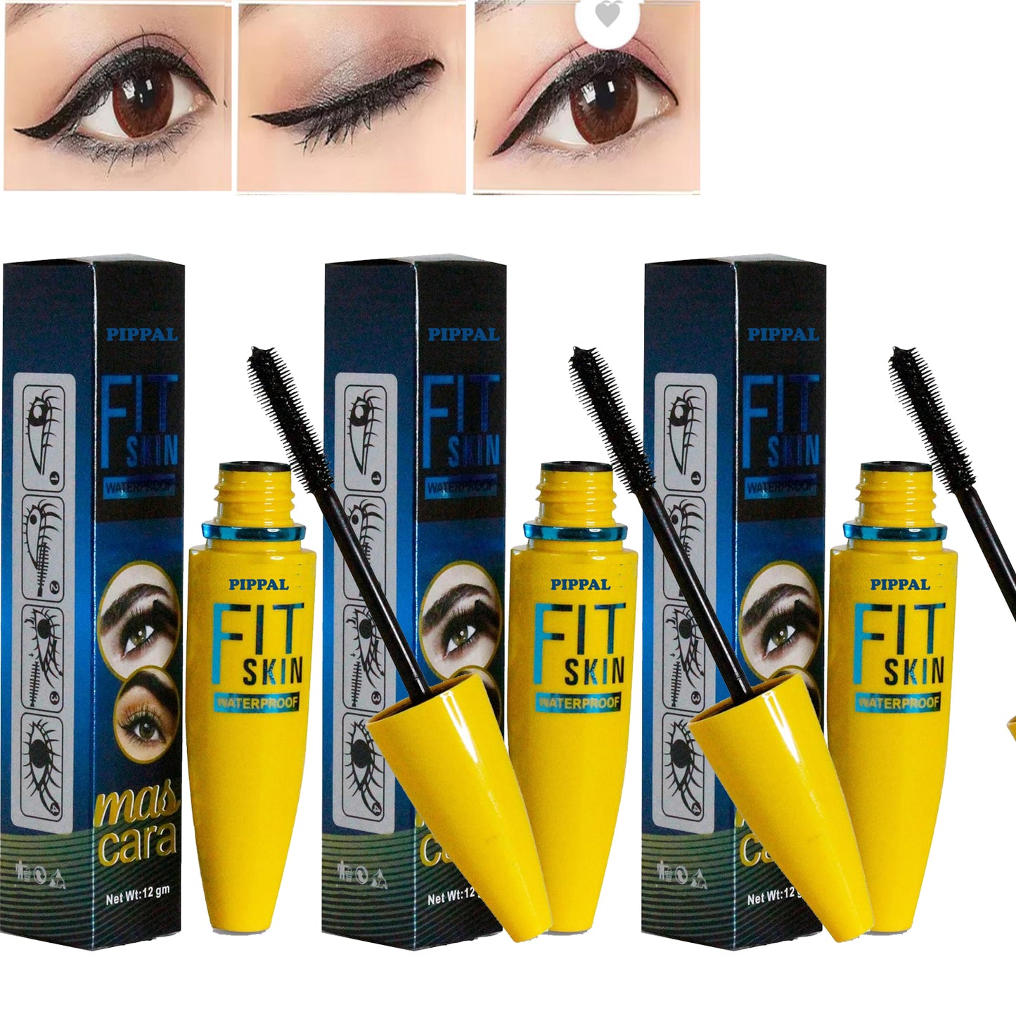 Pippal Fit Skin Ultra Volume Mascara for bold, dramatic, waterproof lashes, 12g, pack of 3, with long-lasting formula.