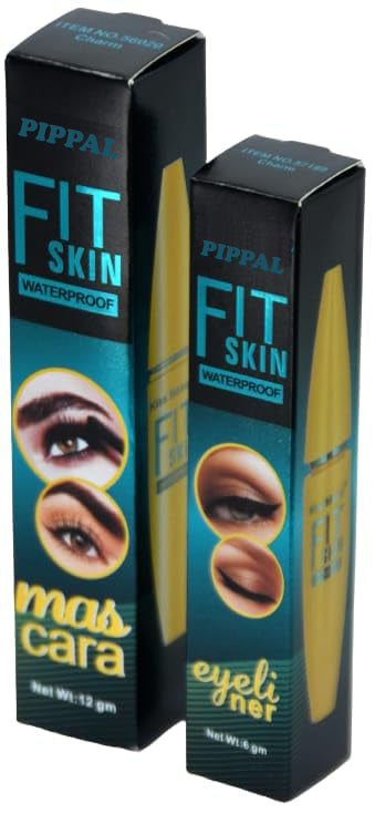Pippal Fit Skin Mascara with Eyeliner showing a sleek black tube and applicator for bold, volumizing, waterproof lashes.