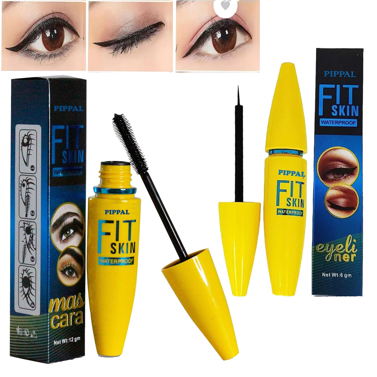 Pippal Fit Skin Mascara with Eyeliner for bold, dramatic lashes, waterproof, long-lasting, 12g, in sleek black packaging.