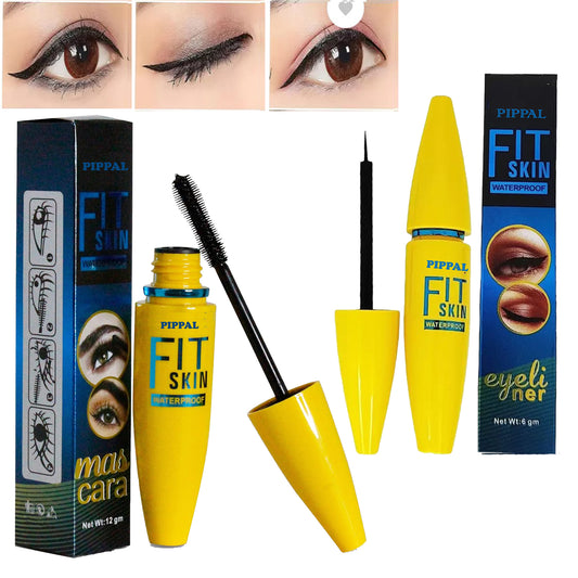Pippal Fit Skin Mascara with Eyeliner for bold, dramatic lashes, waterproof, long-lasting, 12g, in sleek black packaging.