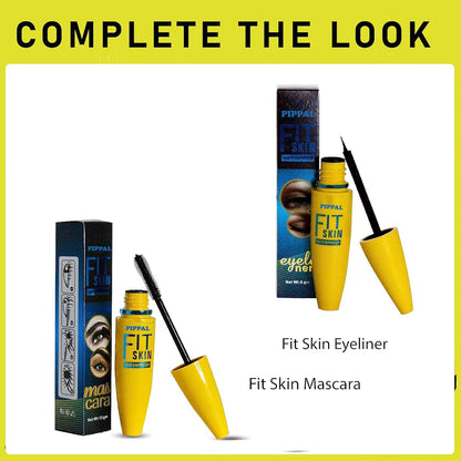 Pippal Fit Skin Mascara with Eyeliner showcasing bold, dramatic, waterproof lashes in a 12g tube.