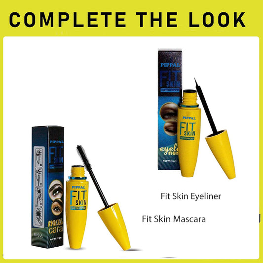 Pippal Fit Skin Mascara with Eyeliner showcasing bold, dramatic, waterproof lashes in a 12g tube.