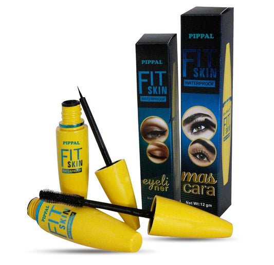 Pippal Fit Skin Mascara with Eyeliner showing bold, volumized, long-lasting waterproof lashes in 12g pack.