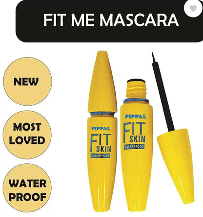 Pippal Fit Skin Mascara with Eyeliner showing long, dramatic, waterproof lashes in a 12g tube, perfect for bold eye makeup.