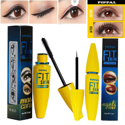 Pippal Fit Skin Ultra Volume Mascara with Eyeliner, waterproof and long-lasting, showing bold, dramatic lashes in a 12g tube.