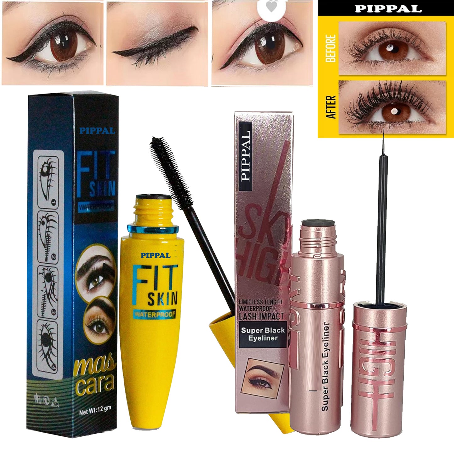 Pippal Fit Skin mascara and Sky High waterproof eyeliner for bold, dramatic lashes with ultra-volume and long-lasting waterproof formula.
