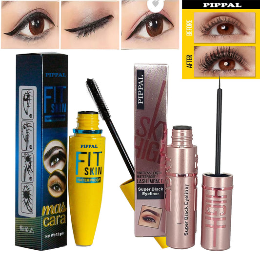 Pippal Fit Skin mascara and Sky High waterproof eyeliner for bold, dramatic lashes with ultra-volume and long-lasting waterproof formula.