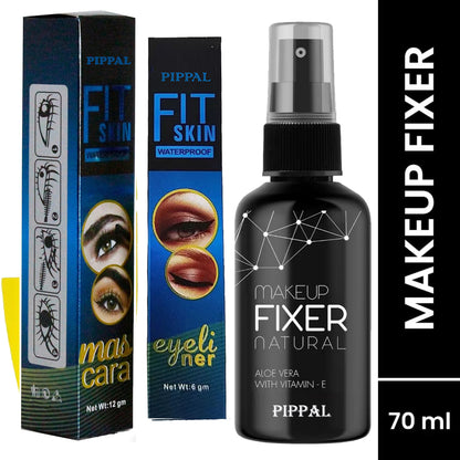 Pippal Long Lasting Natural Makeup Fixer Spray Primer in 80ml, transparent with Fit Skin Supar black eyeliner and mascara.