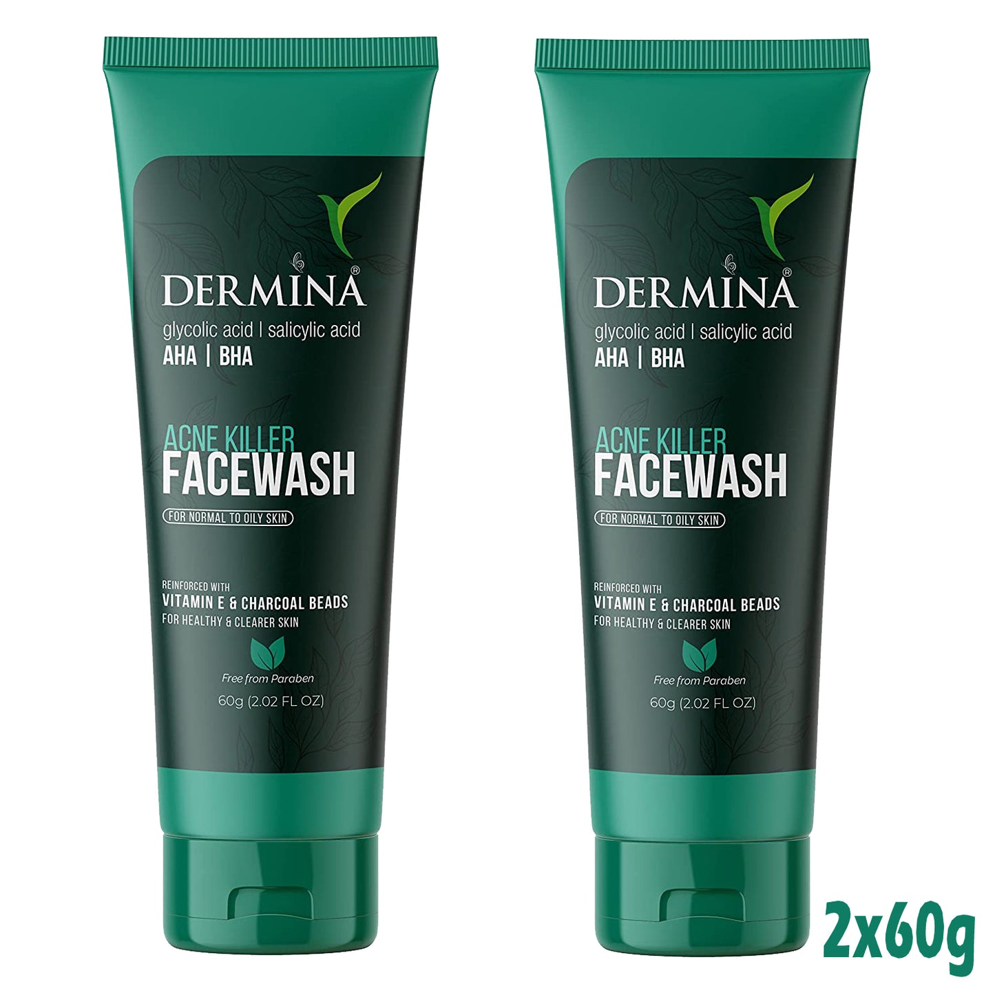 Dermina Acne Killer Facewash with Glycolic Acid and Vitamins, pack of 2, in a cream-gel form for acne-prone skin.