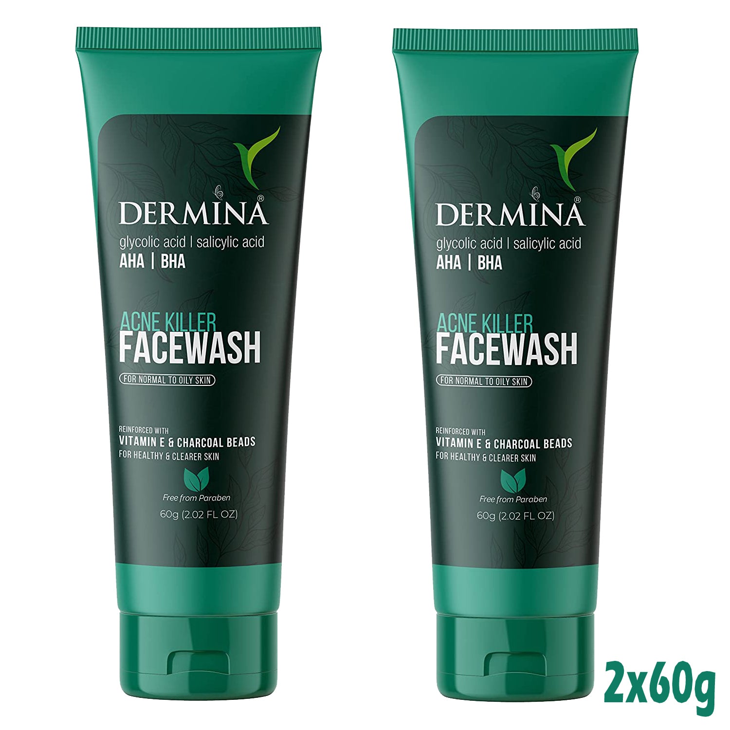 Dermina Acne Killer Facewash with Glycolic Acid and Vitamins, pack of 2, in a cream-gel form for acne-prone skin.