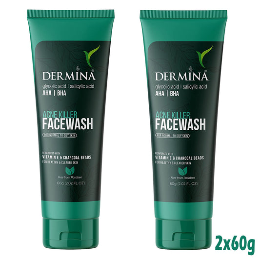 Dermina Acne Killer Facewash with Glycolic Acid and Vitamins, pack of 2, in a cream-gel form for acne-prone skin.