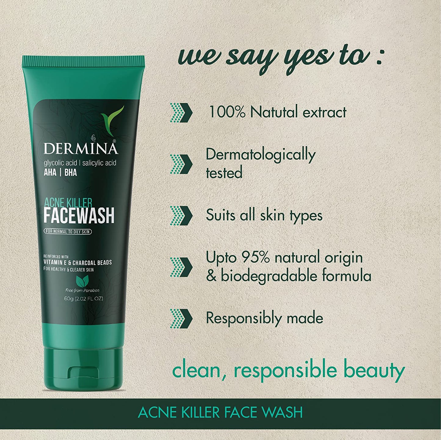 Dermina Acne Killer Facewash with Glycolic Acid and Vitamins, pack of 2, in a cream and gel formulation for clearer skin.