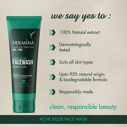 Dermina Acne Killer Facewash with Glycolic Acid and Vitamins, pack of 2, in a cream and gel formulation for clearer skin.