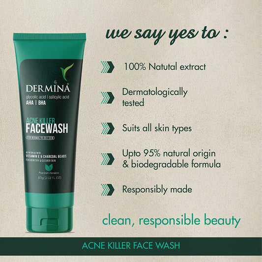 Dermina Acne Killer Facewash with Glycolic Acid and Vitamins, pack of 2, in a cream and gel formulation for clearer skin.
