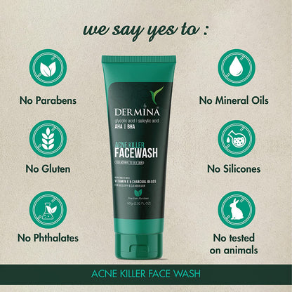 Dermina Acne Killer Facewash with Glycolic Acid and Vitamins in a pack of 2, suitable for clearing acne-prone skin.