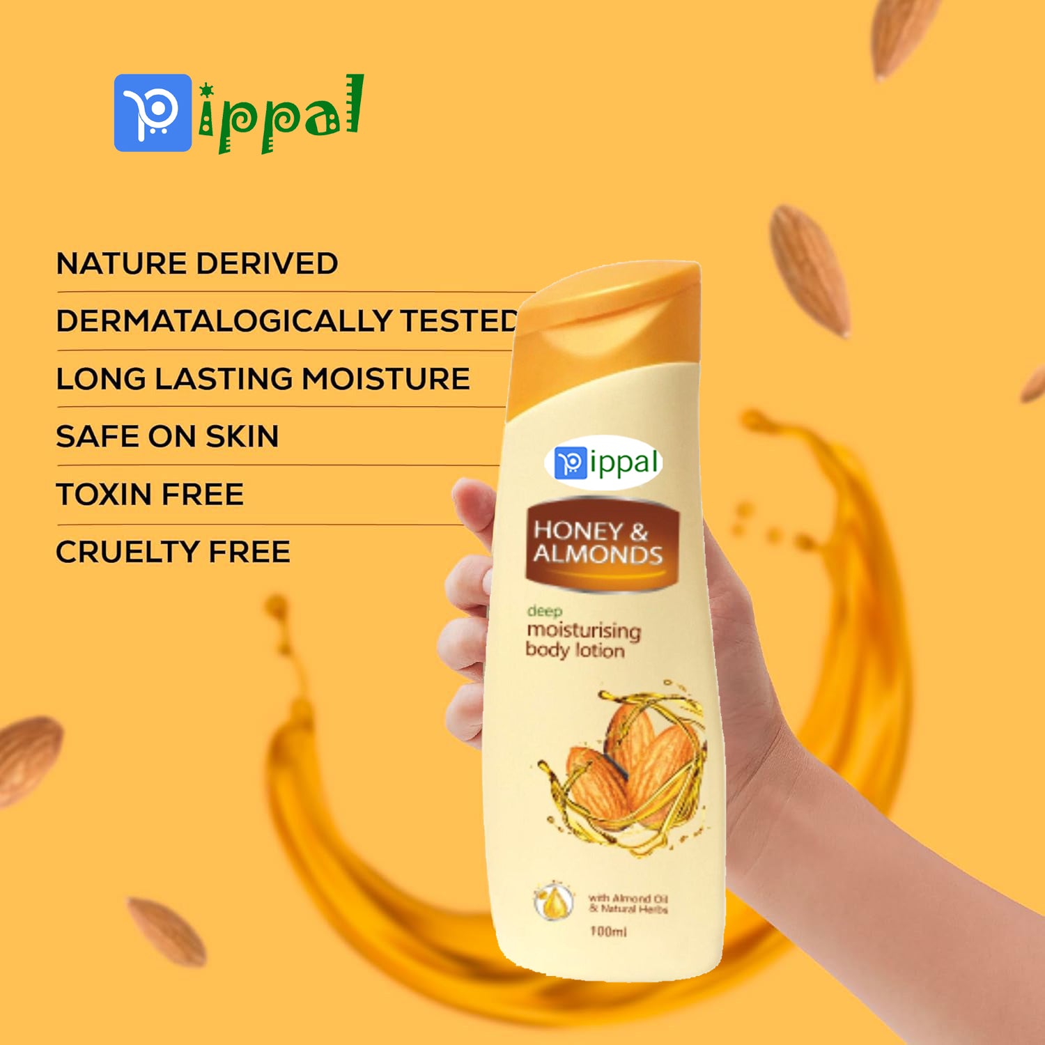 Two bottles of 6255 Pippal Almonds with Honey Body Lotion, deep moisturizing cream for nourishing skin, shown in the image.