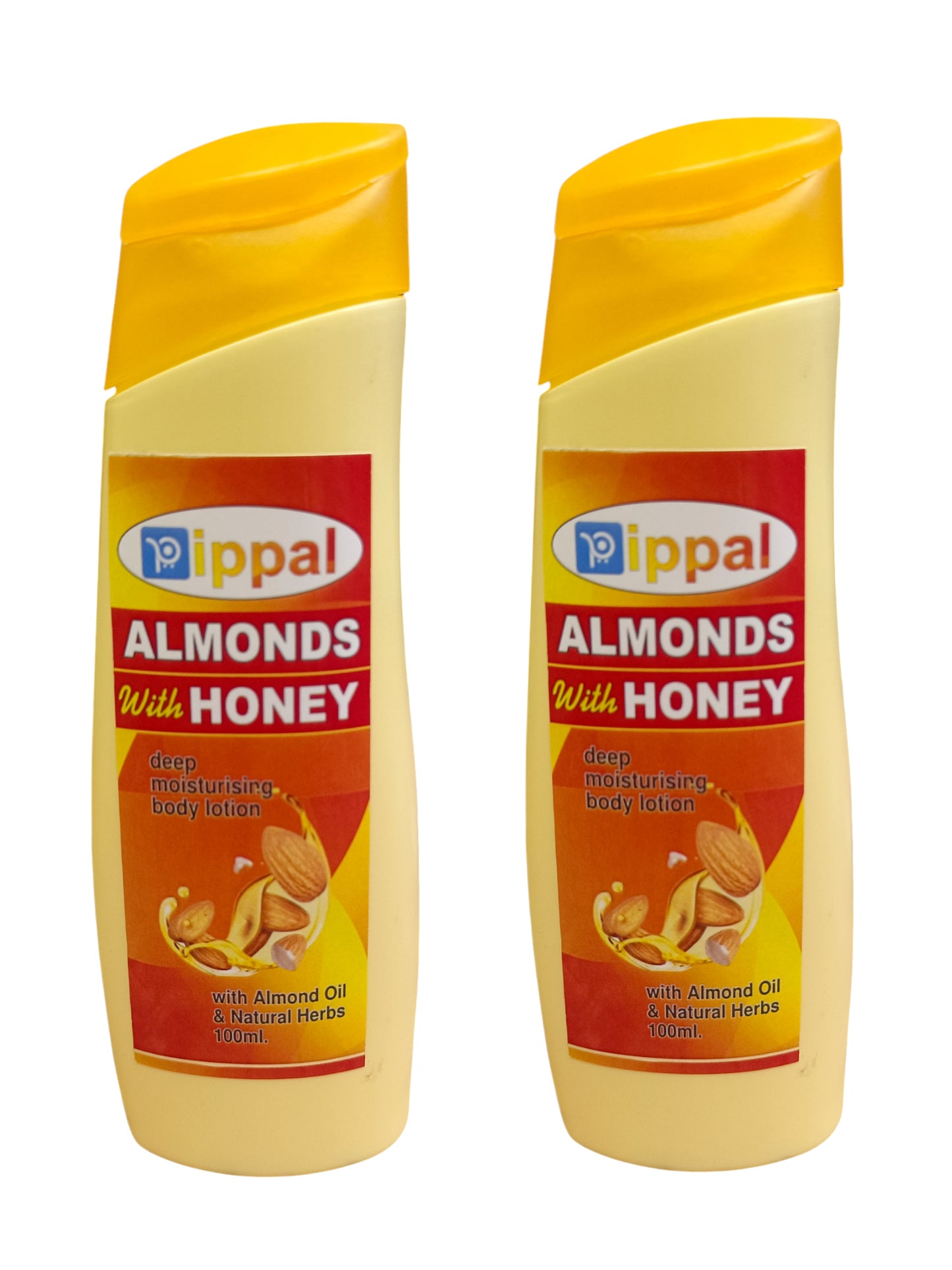 Two bottles of 6255 Pippal Almonds with Honey Body Lotion for deep moisturization, featuring creamy texture and natural ingredients.