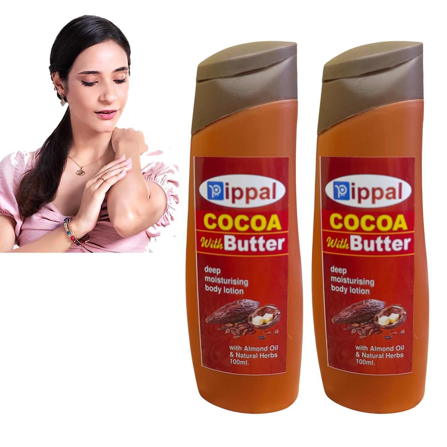 Two bottles of 6255 Pippal Cocoabutter Body Lotion, deep moisturizing cream, 100ml each, in a pack of 2.