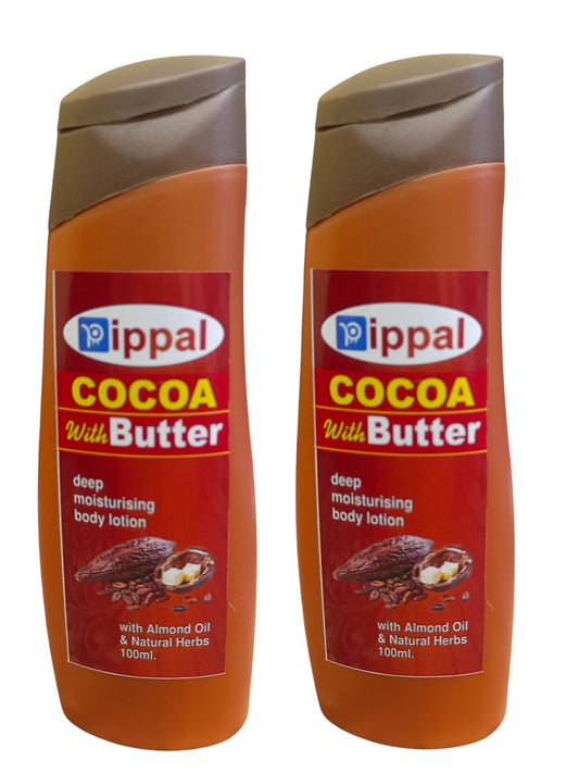 Pack of 2 Pippal Cocoabutter Body Lotion bottles, deep moisturizing cream, 100 ml each, for soft, hydrated skin.