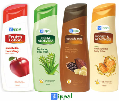 Pack of two Pippal Cocoabutter Body Lotion bottles, deep moisturizing cream for smooth skin, 100 ml each, total 200 ml.