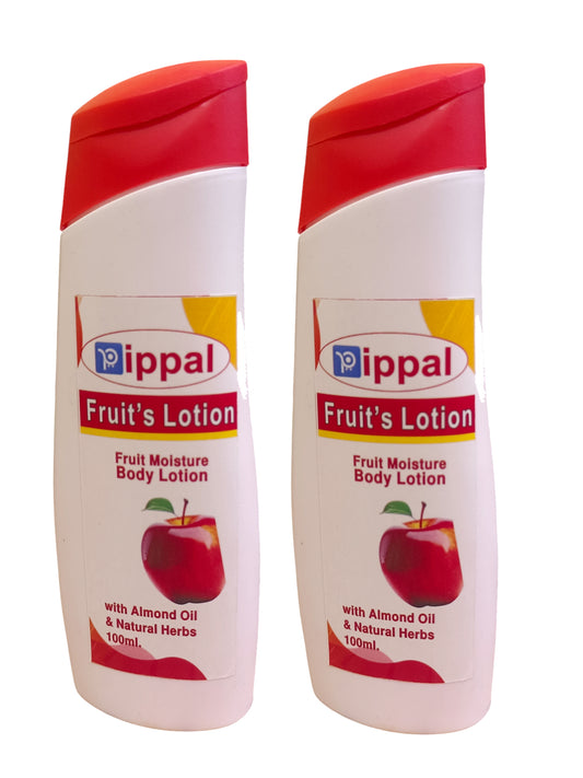 Two bottles of 6255 Pippal Fruit Ultra Smooth Skin Nourishing Body Lotion, 100 ml each, in a pack of 2, with smooth lotion texture.