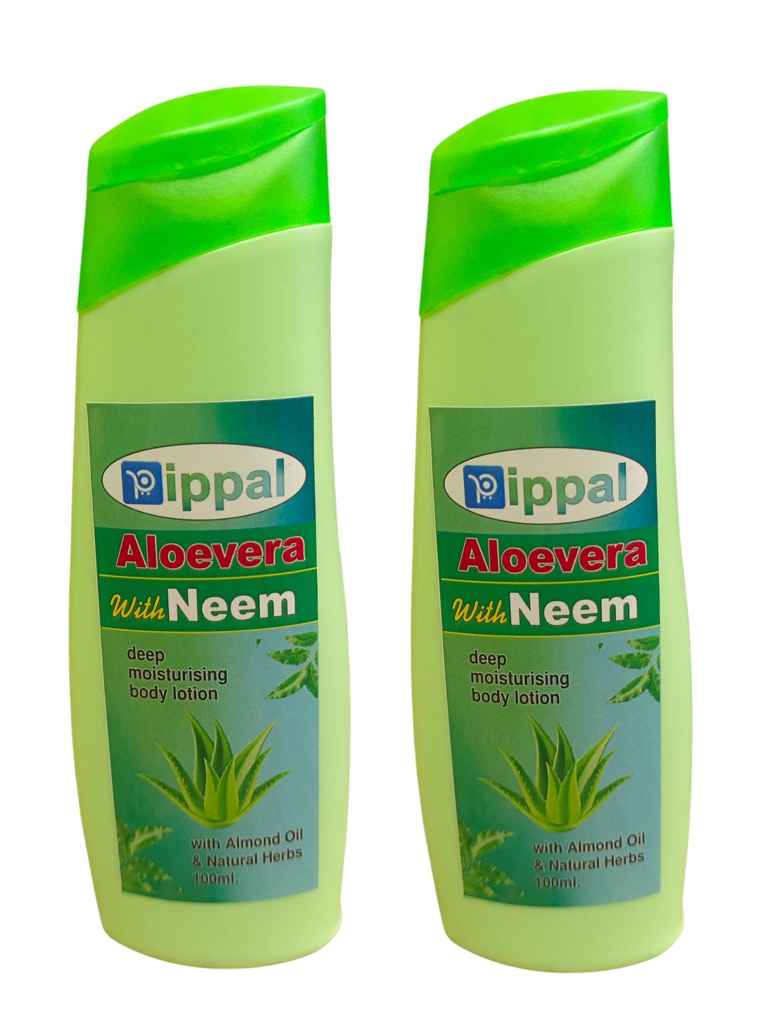 Pippal Neem Aloe Vera Skin Hydrating Body Lotion in 100ml bottles, pack of 2, for soothing and moisturizing skin.
