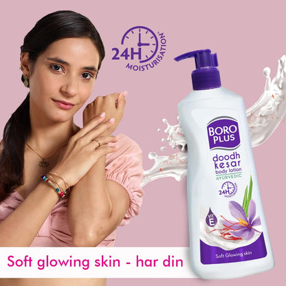 Doodh Kesar soft body lotion in a white 400ml bottle, suitable for all skin types, by brand 6255.