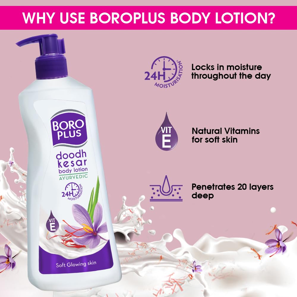 Doodh Kesar soft body lotion in white bottle, 400ml, suitable for all skin types, from 6255, creamy moisturizer for smooth skin
