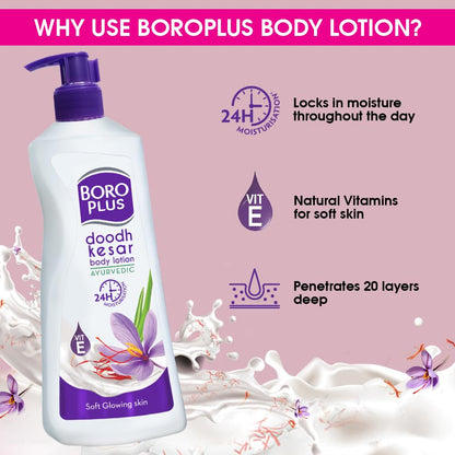 Doodh Kesar soft body lotion in white bottle, 400ml, suitable for all skin types, from 6255, creamy moisturizer for smooth skin