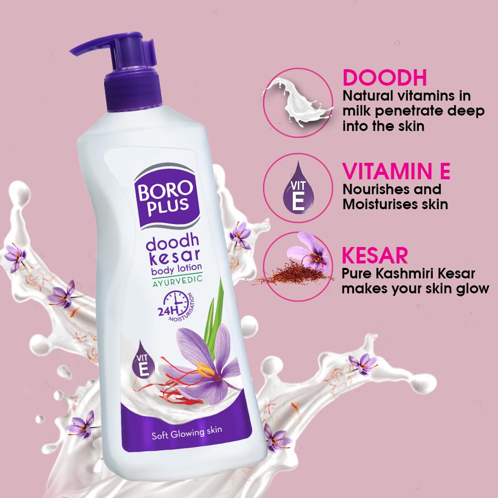 Doodh Kesar soft body lotion in white bottle, 400ml, for all skin types, from 6255, with creamy texture and moisturizing formula.