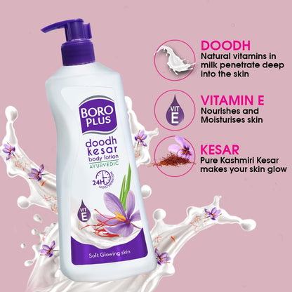 Doodh Kesar soft body lotion in white bottle, 400ml, for all skin types, from 6255, with creamy texture and moisturizing formula.