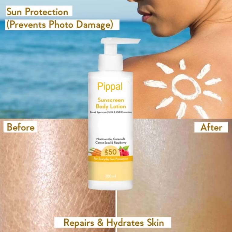 Wishcare Sunscreen Body Lotion 200ml in white packaging, creamy lotion designed for sun protection and skin hydration.