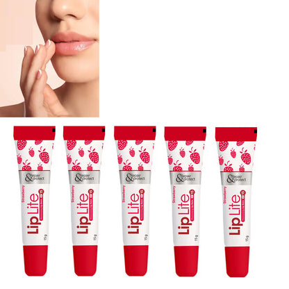 Pack of five Lip Lite Strawberry Moisturising Lip Balms in 15g containers, featuring bright red packaging and strawberry flavor.