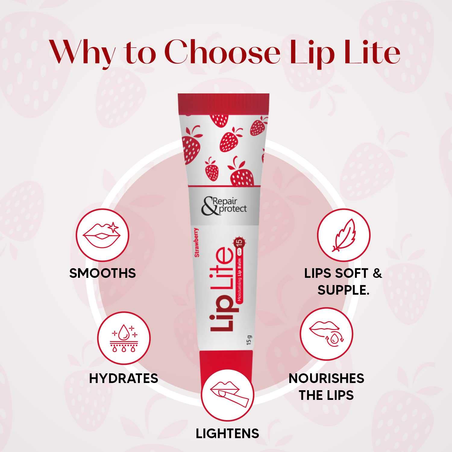 Pack of five Lip Lite Strawberry Moisturising Lip Balms in 15g containers, featuring fresh strawberry flavor and nourishing formula.