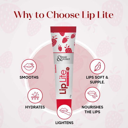 Pack of five Lip Lite Strawberry Moisturising Lip Balms in 15g containers, featuring fresh strawberry flavor and nourishing formula.