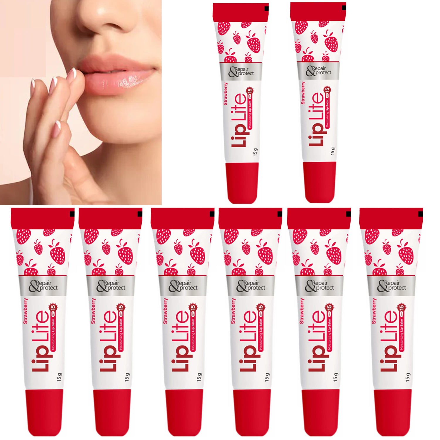 Pack of 8 Lip Lite Strawberry Moisturising Lip Balms in 15g containers, featuring vibrant packaging and fresh strawberry flavor.