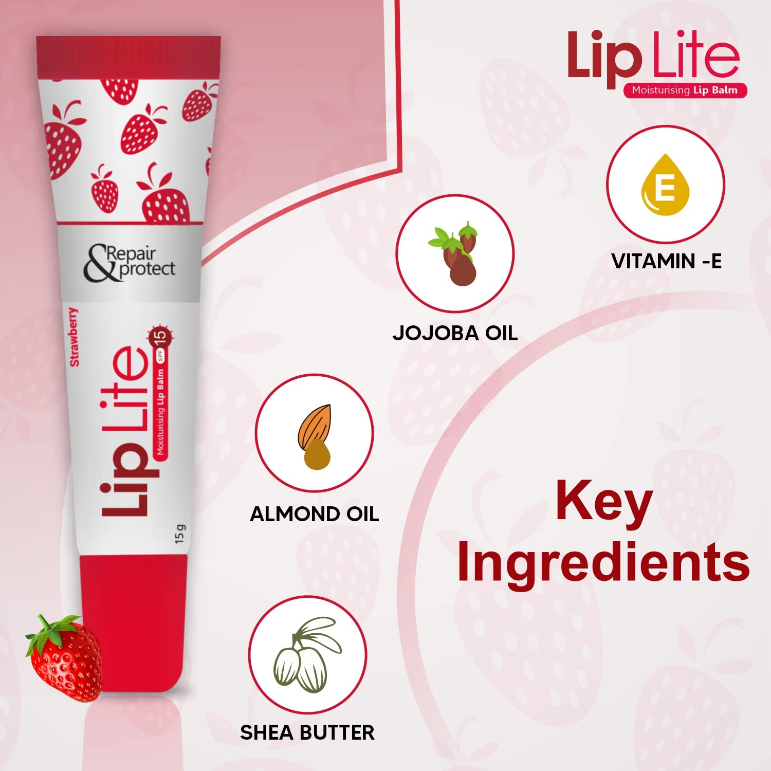 Eight tubes of Lip Lite Strawberry Moisturising Lip Balm in 15g packaging, featuring bright pink lip balm containers.