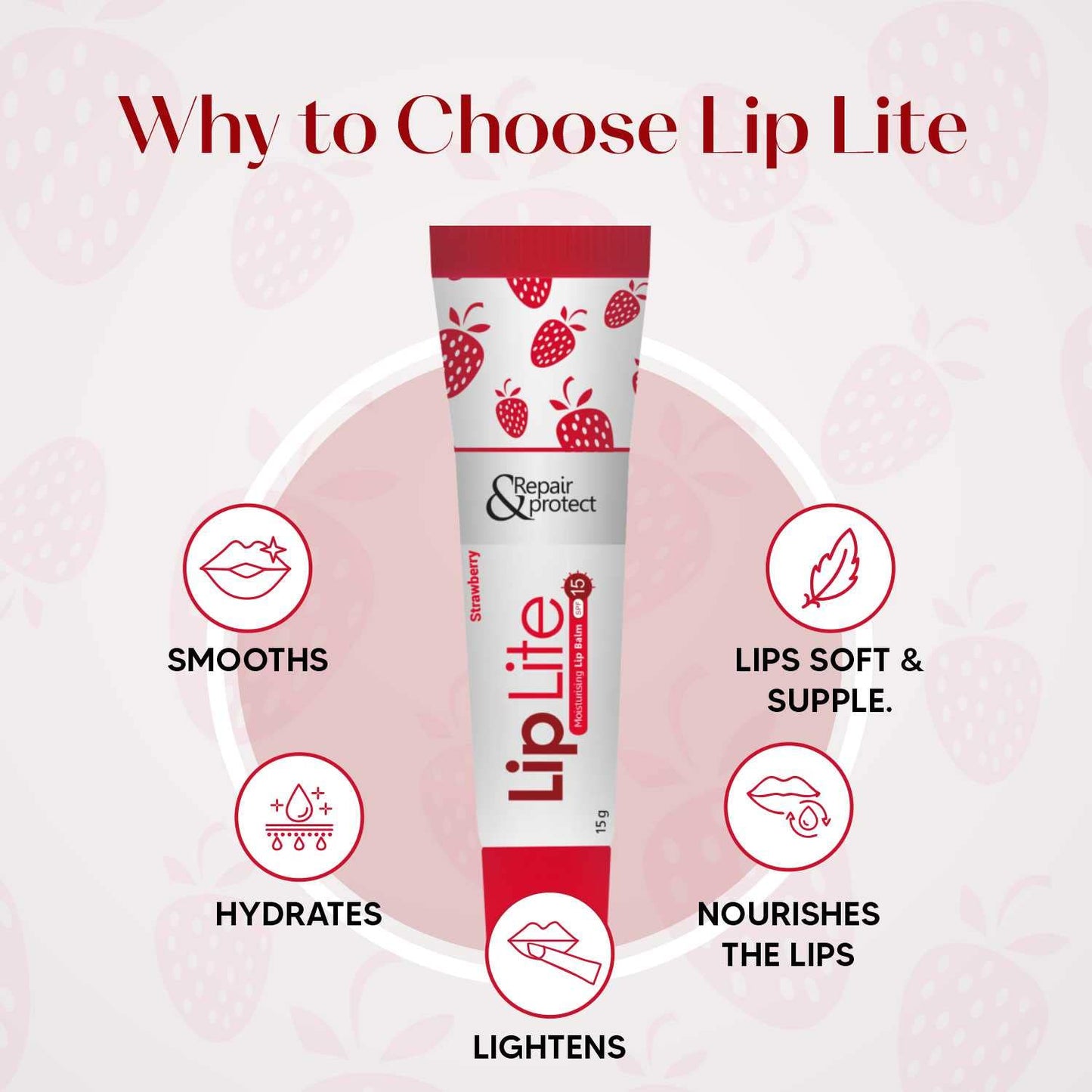 Pack of 8 Lip Lite Strawberry Moisturising Lip Balms in 15g tubes, showcasing the red strawberry-flavored balm containers.