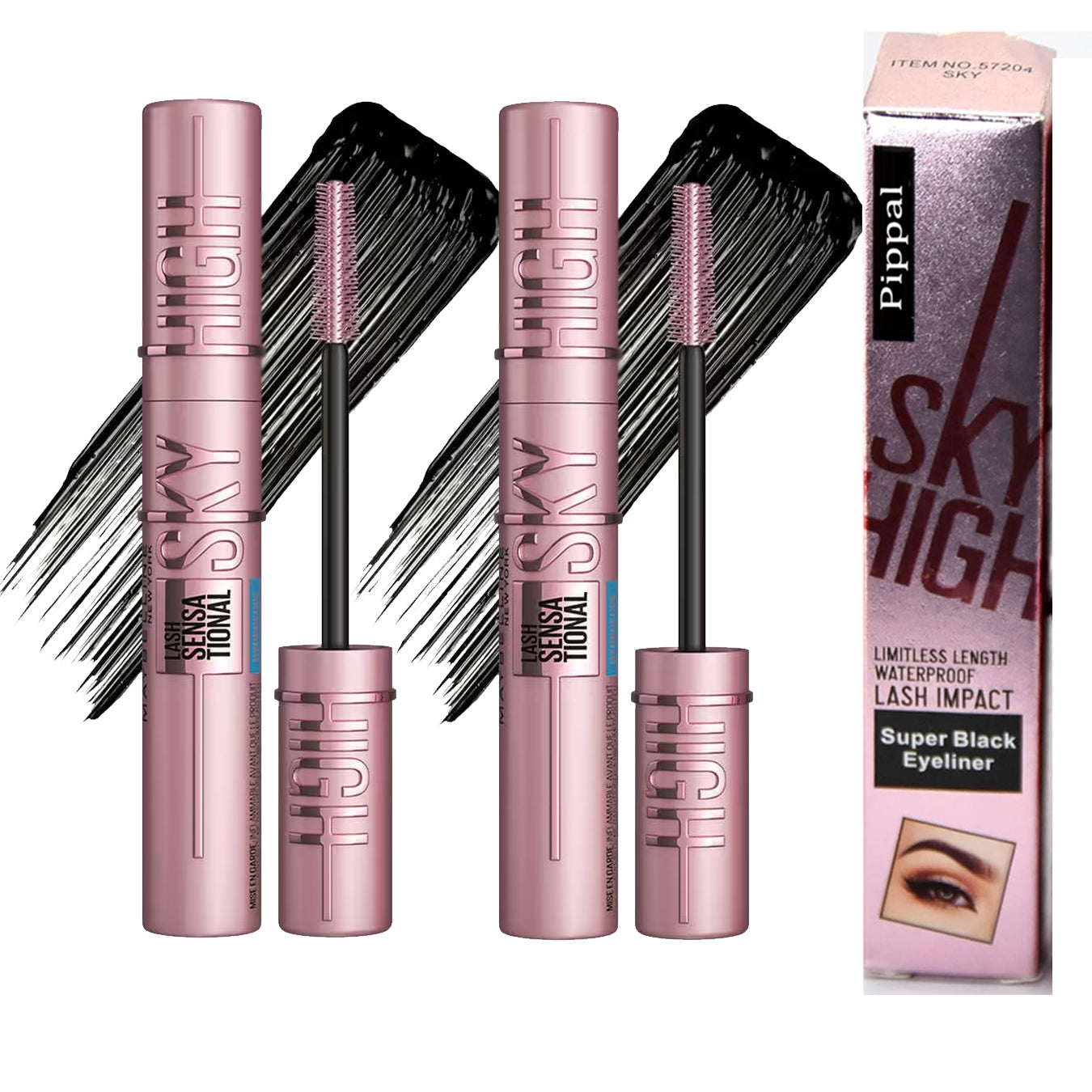 Pippal Sky High Eyeliner and Ultra Volume Mascara set with bold, dramatic, waterproof lashes in a 10g pack of two, by Brand 6255.