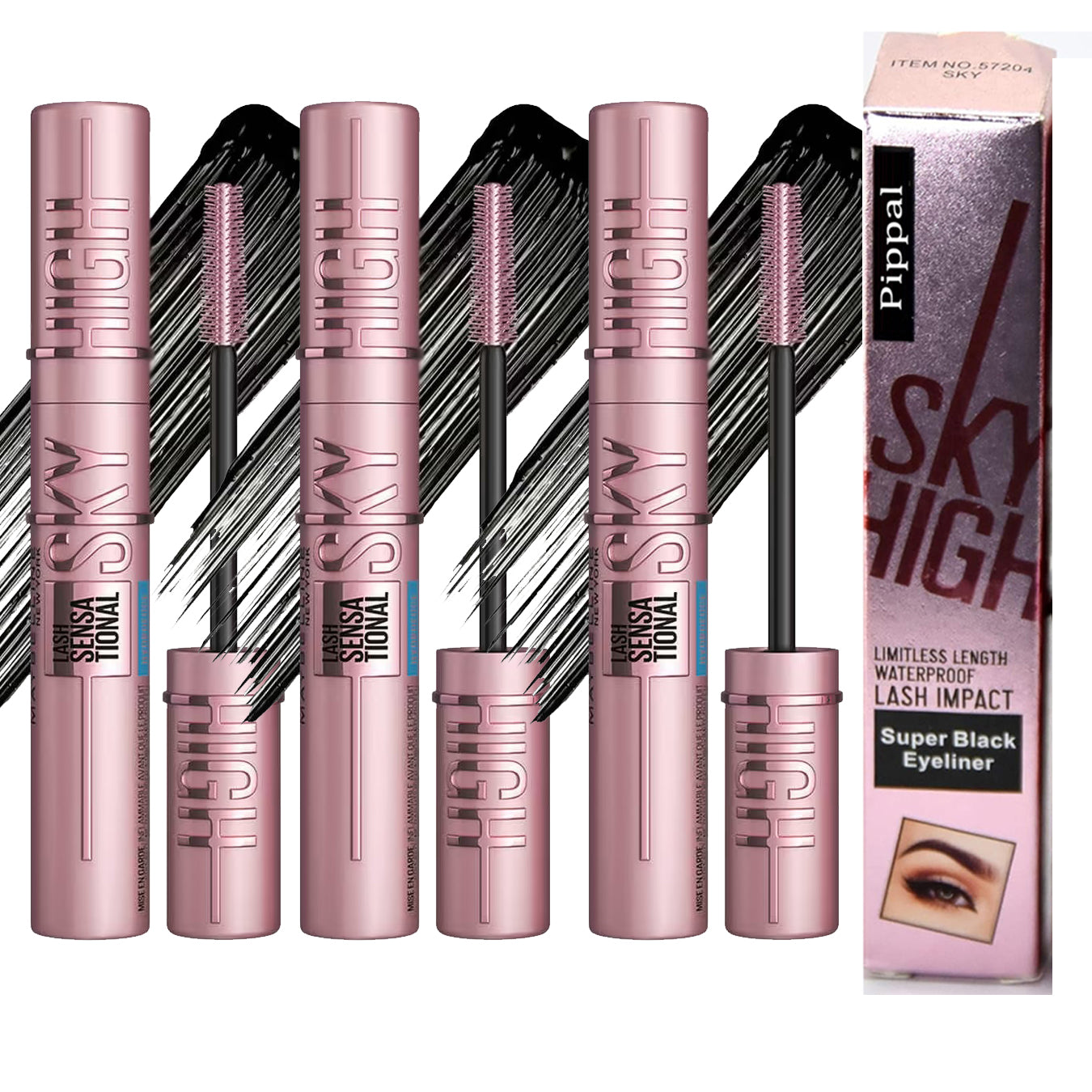 Pippal Sky High Eyeliner and Ultra Volume Mascara set with bold, dramatic, waterproof lashes, long-lasting 10g each, pack of 3.