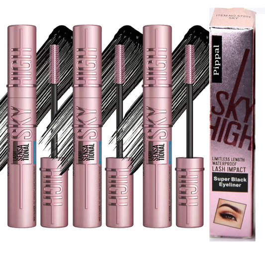Pippal Sky High Eyeliner and Ultra Volume Mascara set with bold, dramatic, waterproof lashes, long-lasting 10g each, pack of 3.