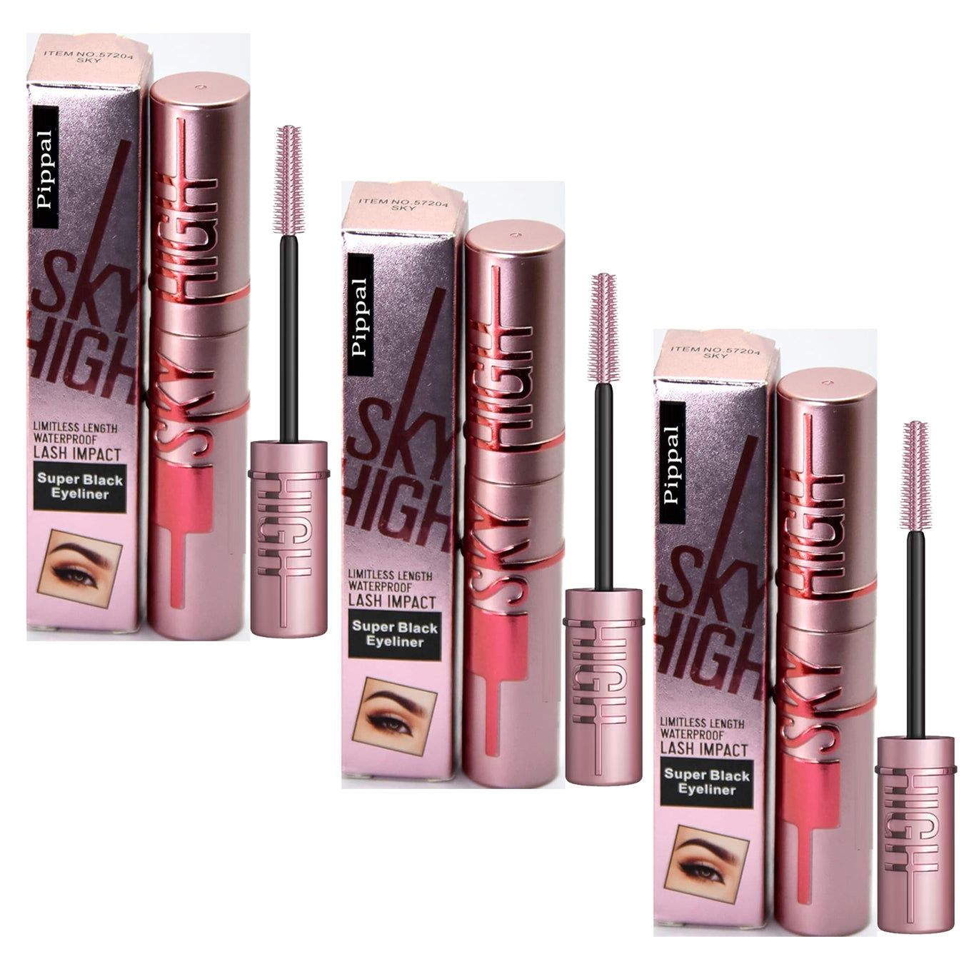 Set of three Pippal Sky High eyeliners with ultra-volume mascara, waterproof, long-lasting, for bold, dramatic lashes.