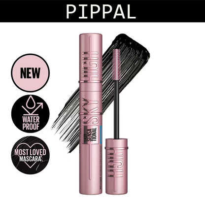 Pippal Sky High Mascara Ultra Volume for bold, dramatic lashes, waterproof formula, 10g, in black, showcasing a mascara wand and brush.