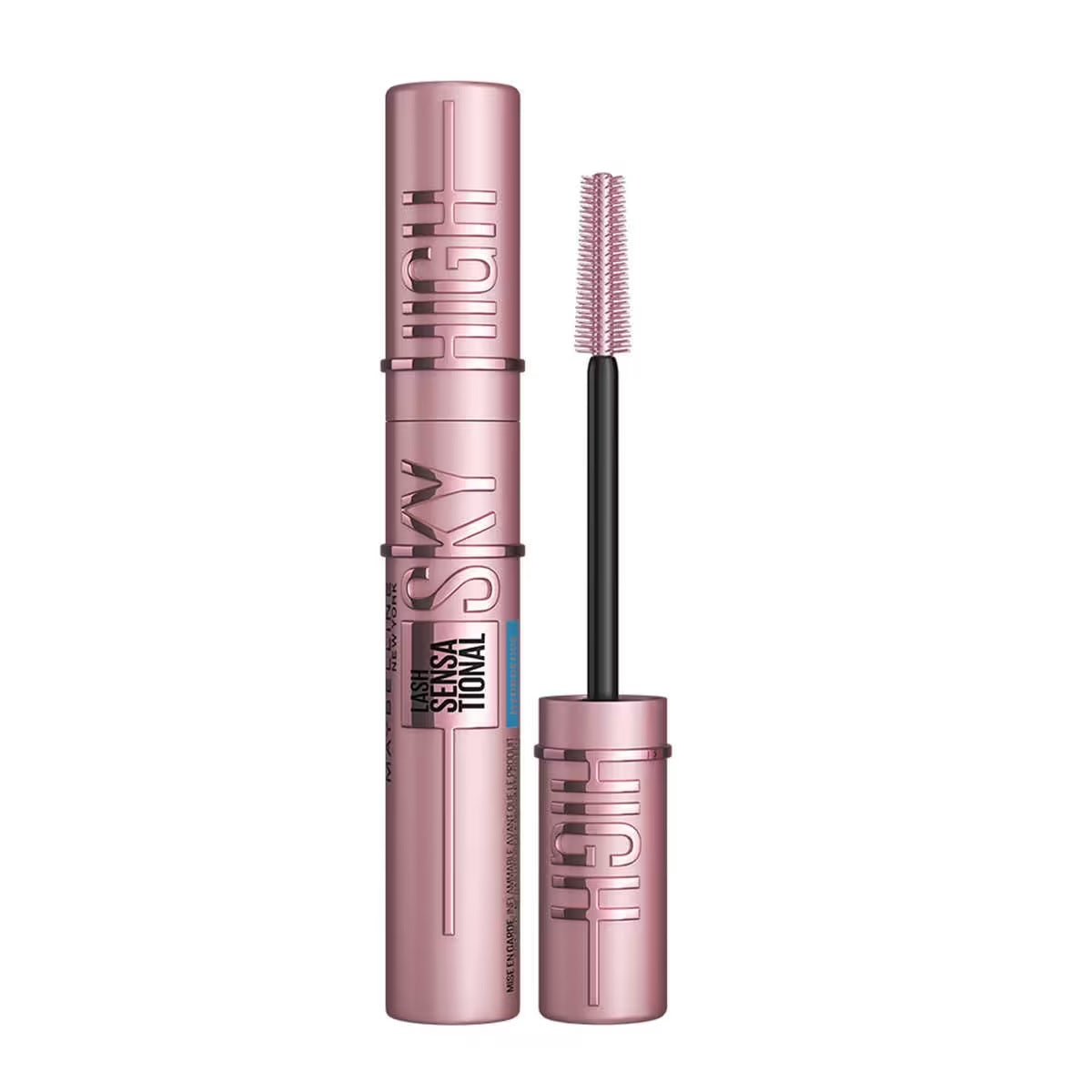 Close-up of Pippal Sky High Mascara bottle showing bold black mascara for dramatic, voluminous, waterproof lashes.