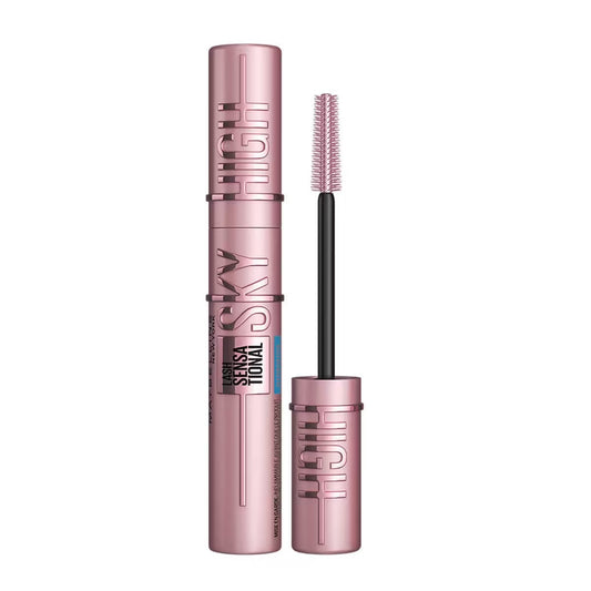 Close-up of Pippal Sky High Mascara bottle showing bold black mascara for dramatic, voluminous, waterproof lashes.